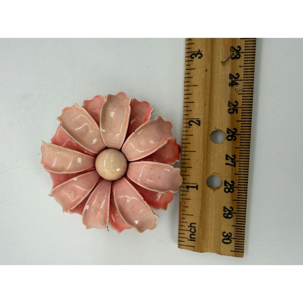 Vintage Baby Pink Enamel Flower Brooch Coral Tiered Petal Mid Century Pin Gift - Picture 4 of 6